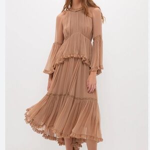 NWT New ZIMMERMANN Hypnotic Peplum Flutter Tiered Midi Dress in Biscuit Size 0